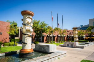 Wide view of fountain courtyard outside the Crescent building