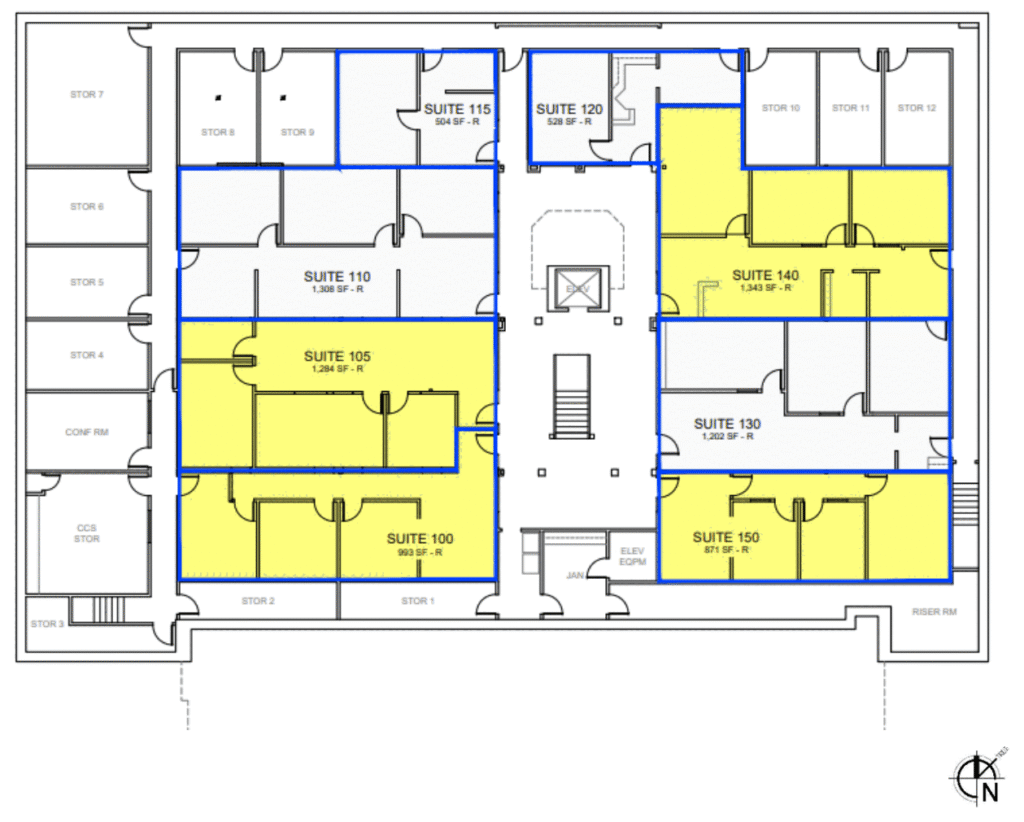 Floor plan of the ground floor at 2300 Tulare Street, suites 100 to 150, with the available space shaded.