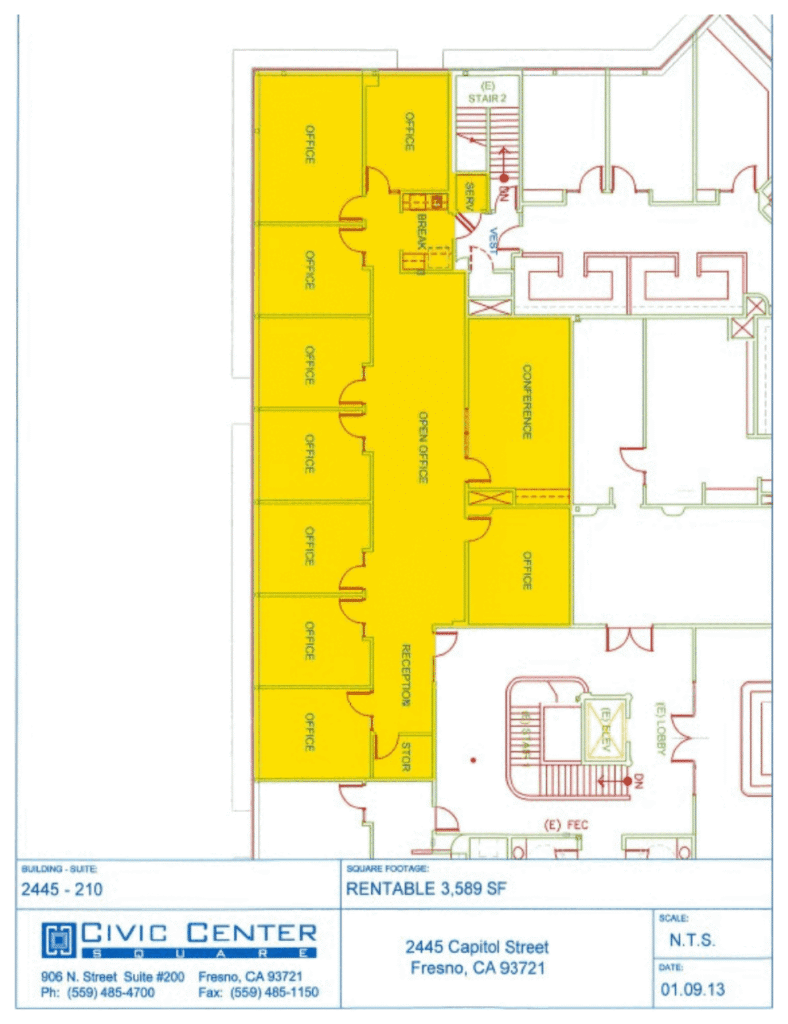 Floor plan of suite 210 at 2445 Capitol, 3,589 rentable square feet.
