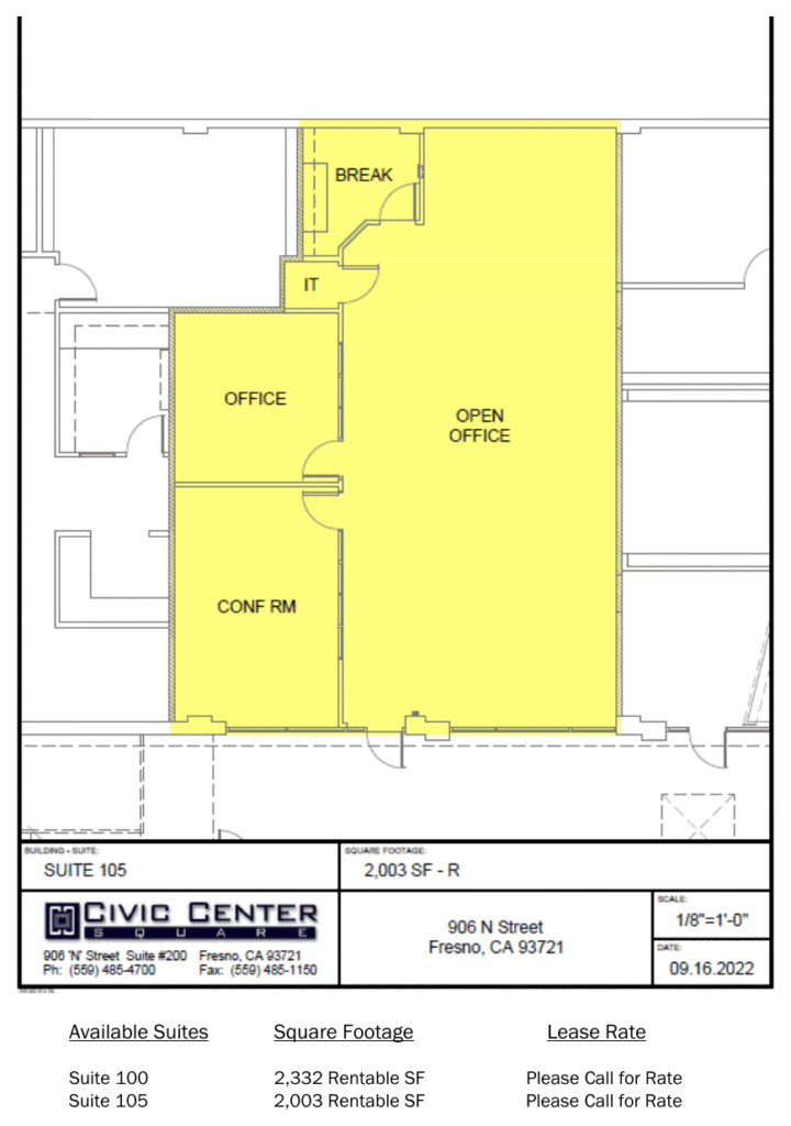Floor plan of suite 105 at 906 N Street, 2,003 rentable square feet, with the available space shaded.